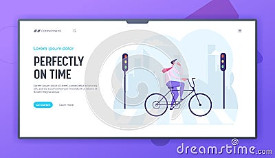 Businessman Traveling to Work by Bicycle Website Landing Page. Business Man Crossing Road by Crosswalk Vector Illustration