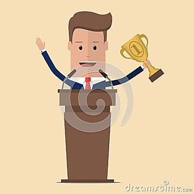 Businessman at tribune with microphones making a speech and holding winner golden cup over head with his hand. Entrepreneur achie Cartoon Illustration