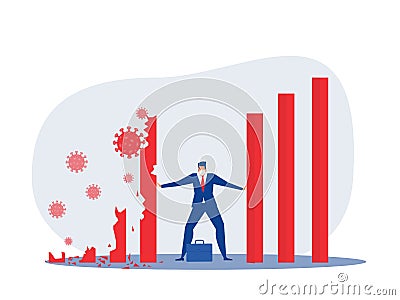 Businessman tries to stop domino effect flat illustration about coronavirus or covid 19 Vector Vector Illustration