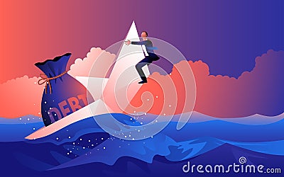 Businessman tries to survive on a paper boat that is sinking because of the heavy debt burden Vector Illustration