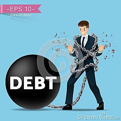 Businessman try to release the iron chain that attach him to stuck with a steel ball debt until it`s break. Vector Illustration