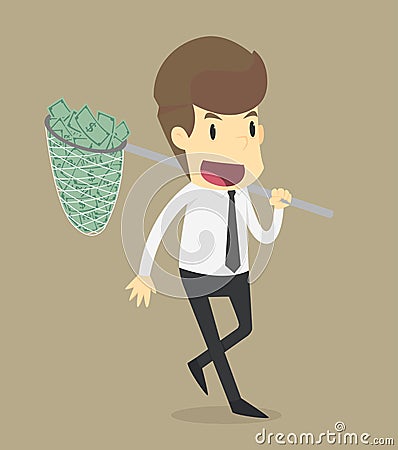 Businessman trying to catch flying money with a butterfly net Vector Illustration