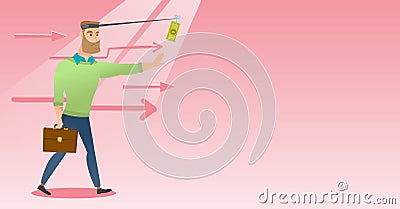 Businessman trying to catch money on fishing rod. Vector Illustration