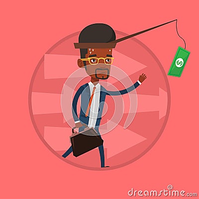 Businessman trying to catch money on fishing rod. Vector Illustration