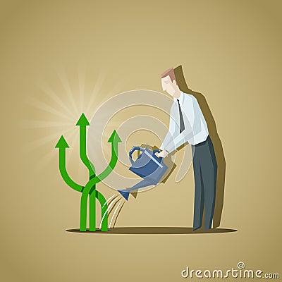 Businessman trying to grow up a business indicators. Raise of bu Vector Illustration