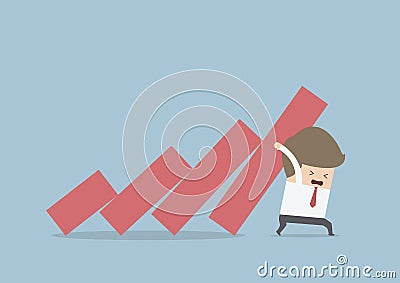 Businessman trying to stop falling graph Vector Illustration