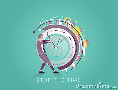 Businessman trying to stop the time. Vector Illustration