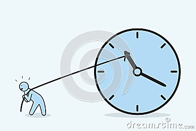 Businessman trying to stop time. Man pulls the clock arrow back with a rope. Deadline and time management concept. Vector. Vector Illustration