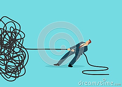 Businessman trying to unravel tangled rope or cable Vector Illustration