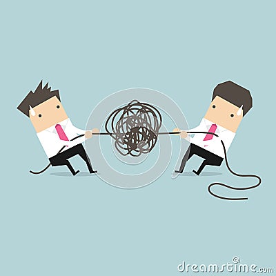 Businessman trying to unravel tangled rope or cable. Vector Illustration