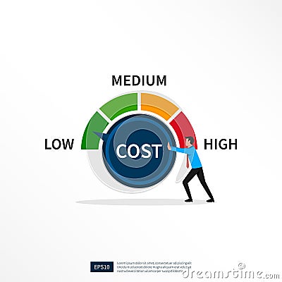 Businessman turning cost dial to a low illustration. Cost reduction, cost cutting and efficiency concept Vector Illustration