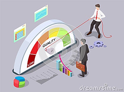 Businessman turning quality meter arrow with rope, vector isometric illustration. Quality management, improvement. Vector Illustration