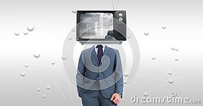 Businessman with TV on face standing against abstract background Stock Photo