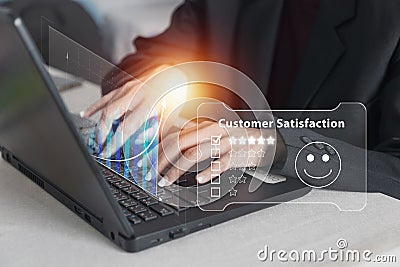 Businessman is typing virtual computer screen and review with excellent performance Stock Photo
