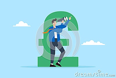 Businessman in UK currency looking to the future with binoculars in flat design Vector Illustration