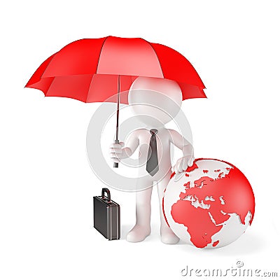 Businessman with Umbrella and earth globe. Global protection concept Stock Photo