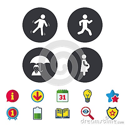 Businessman with umbrella. Human running symbol. Vector Illustration