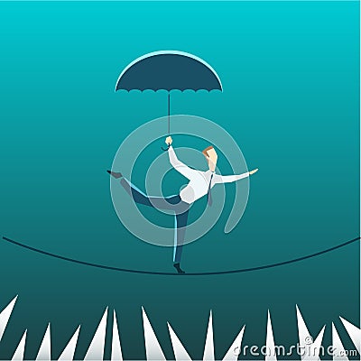 Businessman with an umbrella over the precipice Vector Illustration