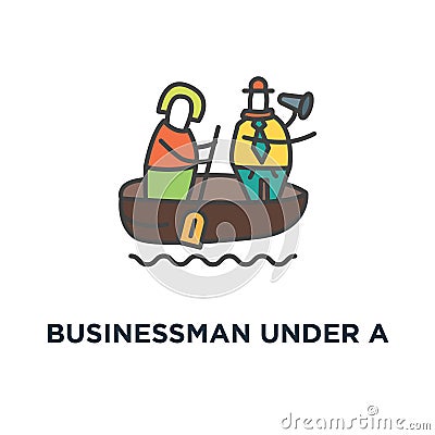 businessman under a lot of documents in the lifebuoy and holding a help placard, a lot of paper work icon. overworked concept Vector Illustration