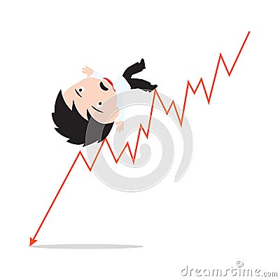 Businessman unhappy or fail and going down on the red arrow trend Vector Illustration