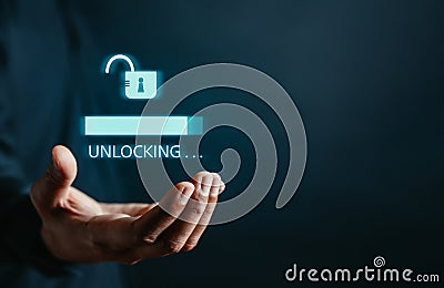 Businessman unlock success idea, creativity concept, Hand holding unlock virtual icon graphic Business innovation Stock Photo