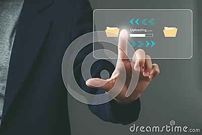 businessman upload documents from computer to backup online cloud and download copy file data from cloud network Stock Photo