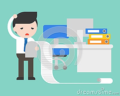 Businessman upset and stress reading long of to do list in office Vector Illustration