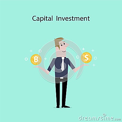 Businessman with US dollar and bitcoin sign.Dollar and Bitcoins Vector Illustration