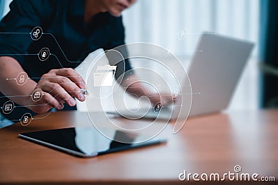 Businessman use laptop for document management system online document database and automated processes in file management search Stock Photo