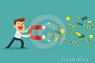 Businessman use large magnet to attract money Vector Illustration