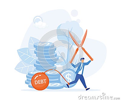 businessman use pliers to cut the chain and free himself from debt metal ball. Vector Illustration