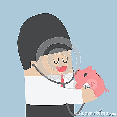 Businessman use stethoscope checking health of piggy bank Vector Illustration