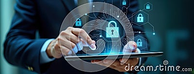 Businessman uses digital tablet to display cyber security measures. Visualizes secure network connection, data protection. Stock Photo