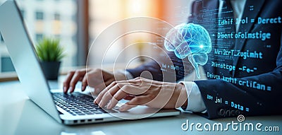 Businessman uses laptop for AI data analysis. Coding computer language. Digital brain graphic overlaid on screen. Machine Stock Photo