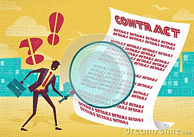 Businessman uses magnifying glass to check contract. Vector Illustration