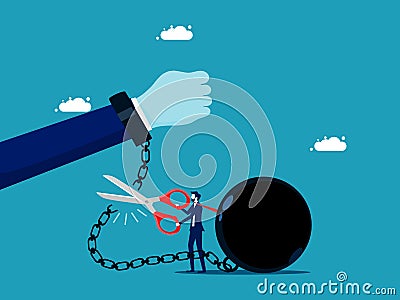 A businessman uses scissors to cut a chain. Release from the steel ball. Vector Illustration