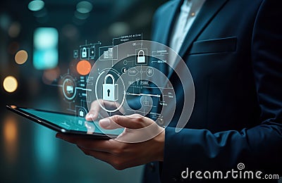 Businessman uses tablet showing security tech concepts. Data flow diagrams, security icons appear on screen. Digital protection Stock Photo
