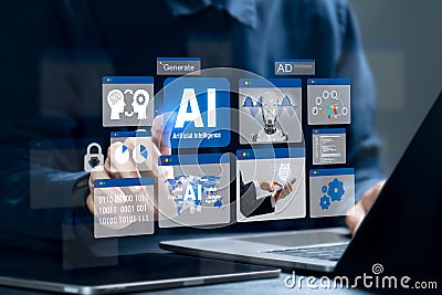 Businessman using AI, Artificial Intelligence with laptop. AI assistant. Chatbot, Generate images, Write code, Writer bot, Data Stock Photo