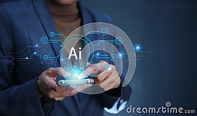 Businessman using chatbot in smartphone intelligence Ai.Chat GPT Chat with AI Artificial Intelligence on data screen Stock Photo