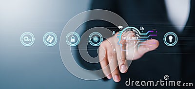 Businessman using chatbot in system artificial intelligence, chatbot application software on organization to digitally online, Stock Photo