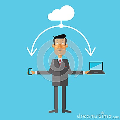 Businessman using cloud storage for smartphone and laptop. Vector Illustration