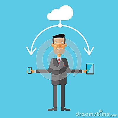 Businessman using cloud storage for smartphone and tablet. Vector illustration Vector Illustration