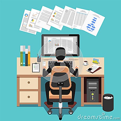 Businessman Using Computer At Desk Vector Illustration