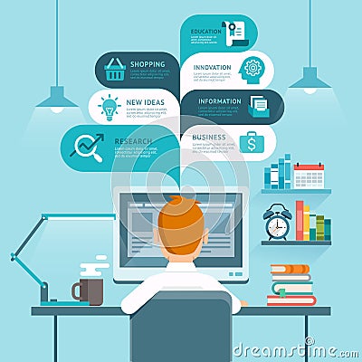 Businessman using computer. Vector Illustration