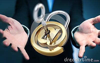 Businessman using 3D rendered digital padlock to secure his internet datas Stock Photo