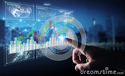 Businessman using 3D rendering stock exchange datas and charts Stock Photo