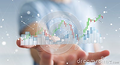 Businessman using digital 3D rendered stock exchange stats and c Stock Photo