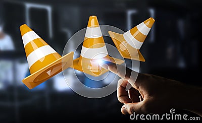 Businessman using digital 3D rendering under construction signs Stock Photo