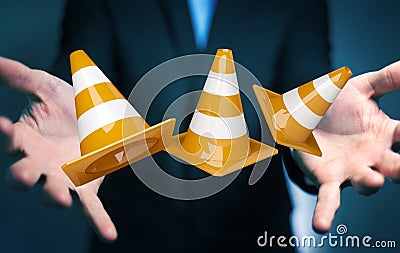 Businessman using digital 3D rendering under construction signs Stock Photo