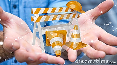 Businessman using digital 3D rendering under construction signs Stock Photo